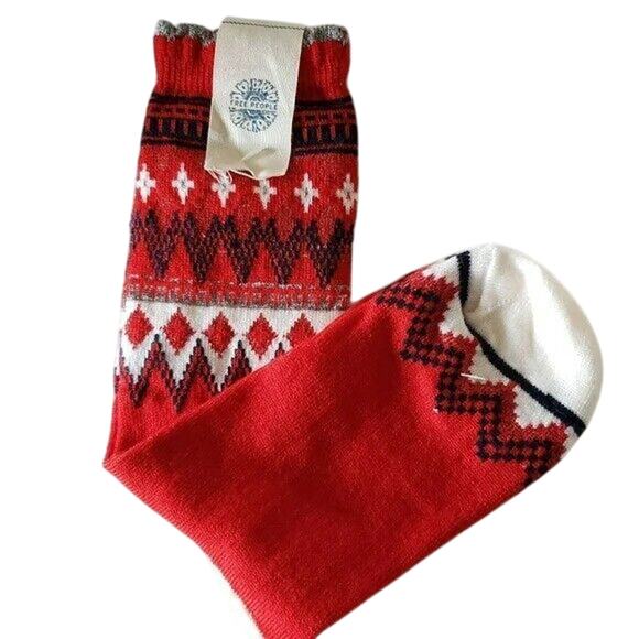 Free People Red Merino Wool Socks Fair Isle Crew Size 9-11 Silver Blue Metallic - Picture 2 of 4